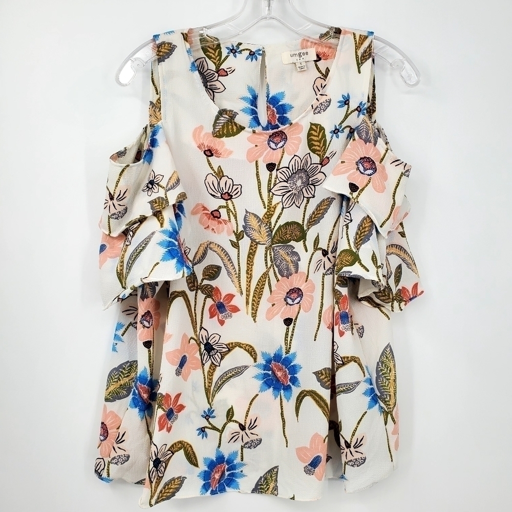 Umgee Cold Shoulder Textured Cotton Blend Floral Blouse